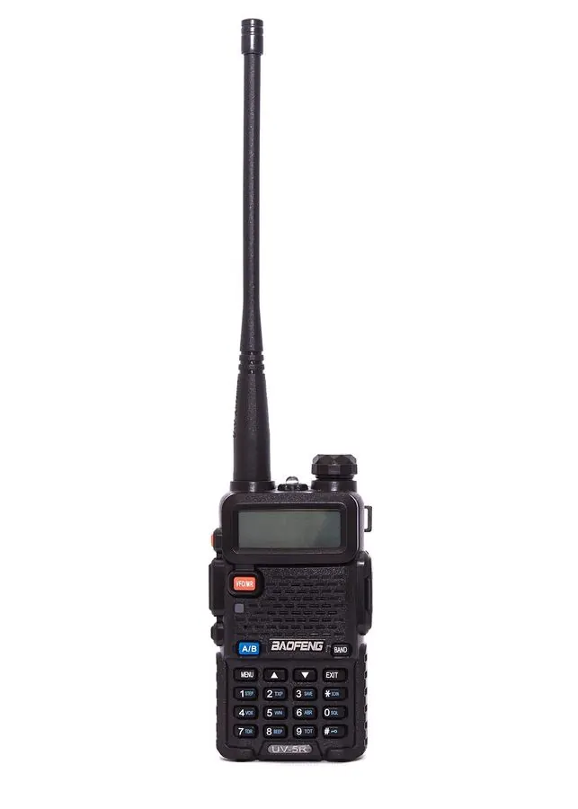 A Baofeng UV-5R handheld VHF/UHF transceiver