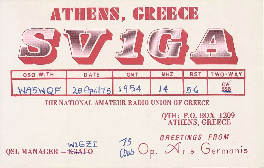 A 1975 QSL card from station SV1GA in Athens, Greece